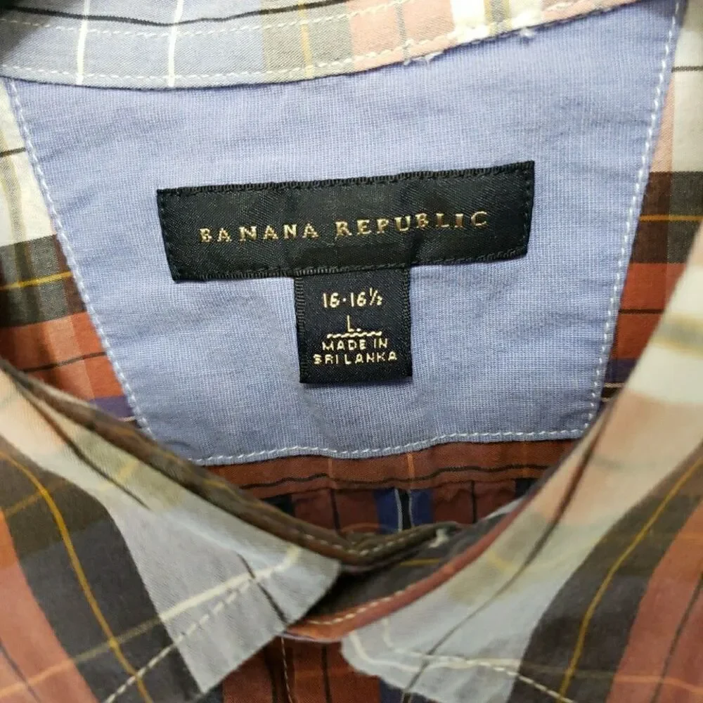 Banana Republic Shirt Mens L Red Black White Blue Plaid Cotton Long Sleeve